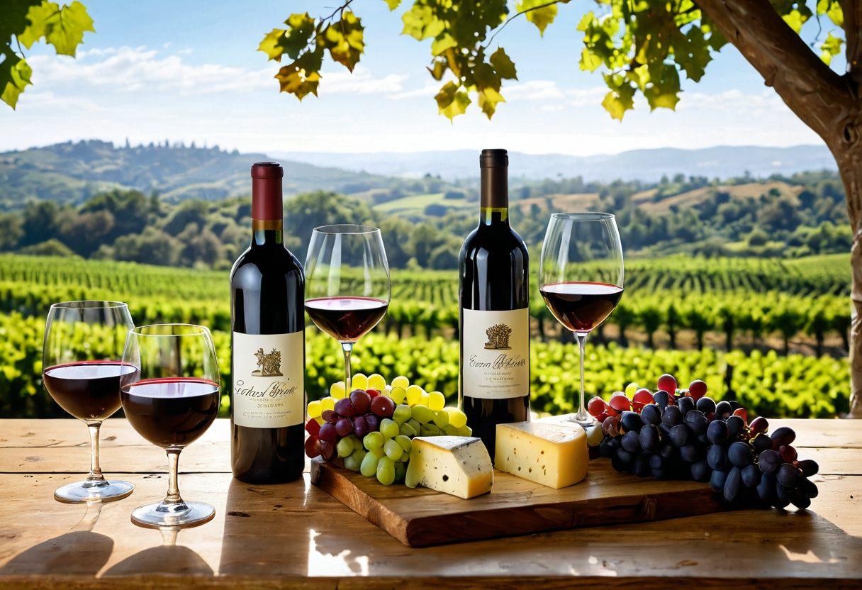 A rustic wooden table set with an array of premium organic wines in elegant bottles, surrounded by lush green vineyards in the background. Soft sunlight filters through grapevines, casting gentle shadows, while a sommelier holds up a glass, showcasing the deep color of the wine. Include tasting notes written on parchment paper alongside cheese and grapes for a complete tasting experience. super-realistic. vibrant colors. 3D.