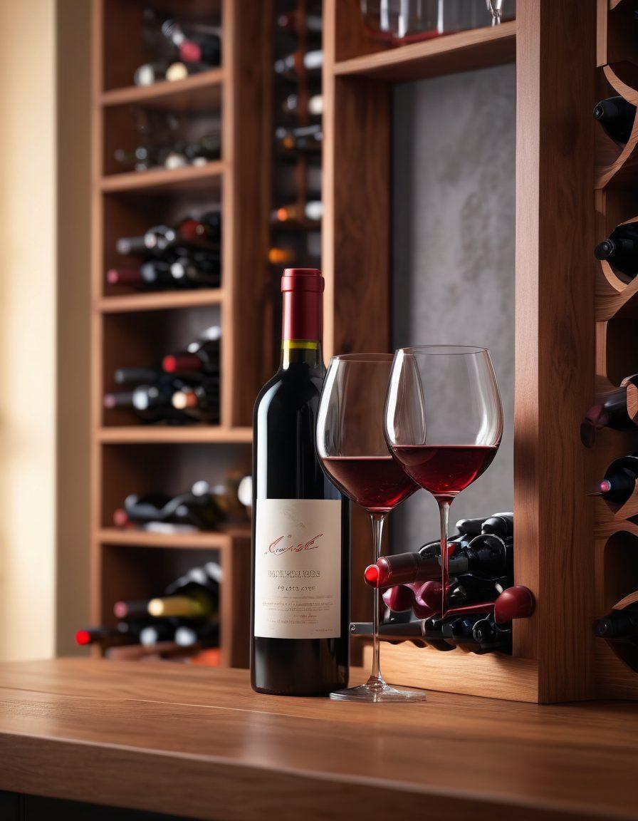 A stylish wine bottle being uncorked, with vibrant splashes of red wine pouring into a beautifully designed glass. Surrounding the bottle, an elegant wooden wine rack showcasing various curated wine selections. The background features a modern, cozy home bar setting with soft lighting, creating an inviting atmosphere for wine enthusiasts. super-realistic. vibrant colors. cozy ambiance.