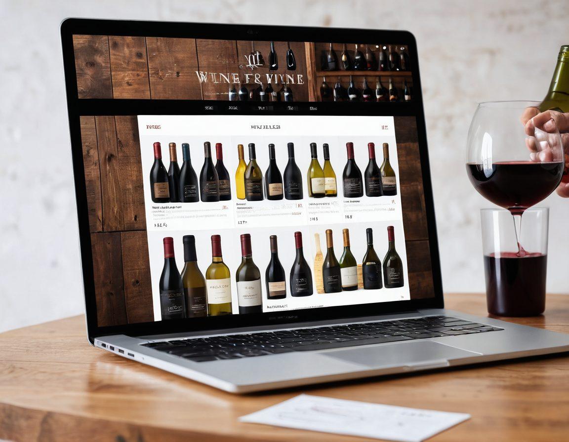 A stylish, modern online shopping interface displaying various bottles of wine on a sleek digital screen, with a person thoughtfully comparing prices and reviews on a laptop. Elements like wine glasses, tasting notes, and a rustic wooden table backdrop add to the ambiance, creating a cozy yet sophisticated atmosphere. super-realistic. warm colors. white background.